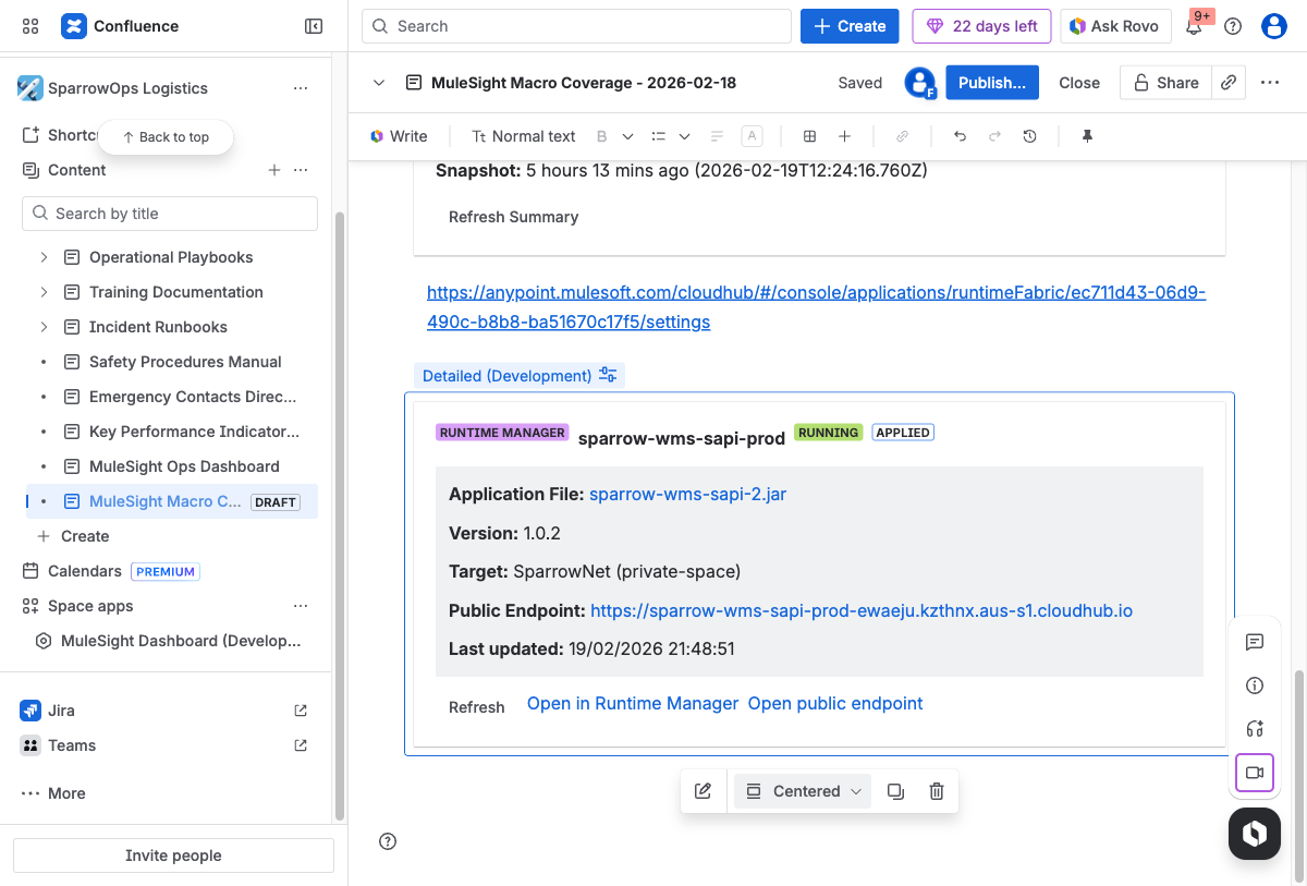 MuleSight Runtime Manager snapshot macro rendered as a live data card in a Confluence page editor showing application name, RUNNING status, version, target environment, public endpoint URL, and action links for Refresh, Open in Runtime Manager, and Open public endpoint