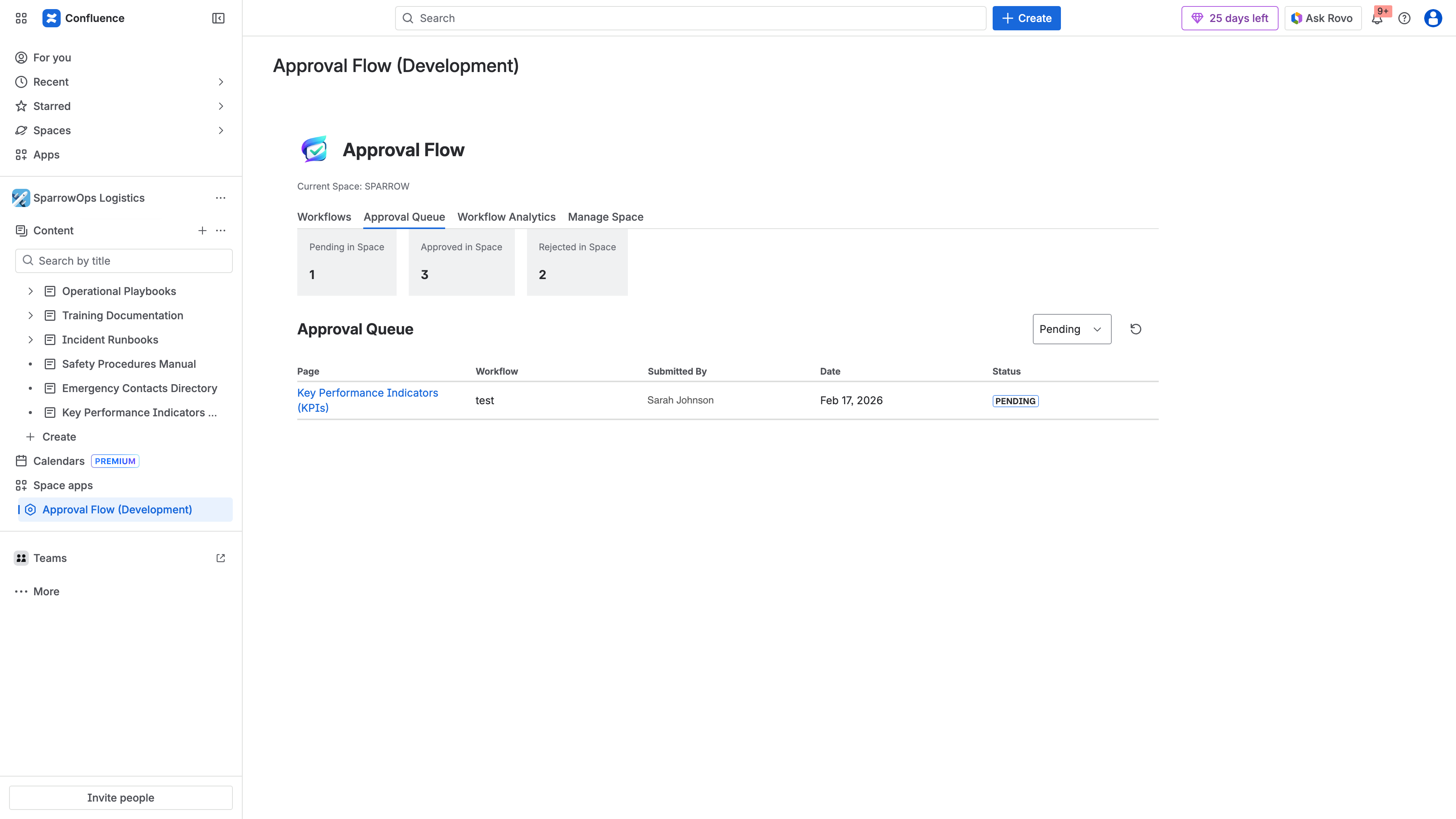 ApprovalFlow approval queue showing pending and completed approvals with status indicators, page titles, and submission timestamps