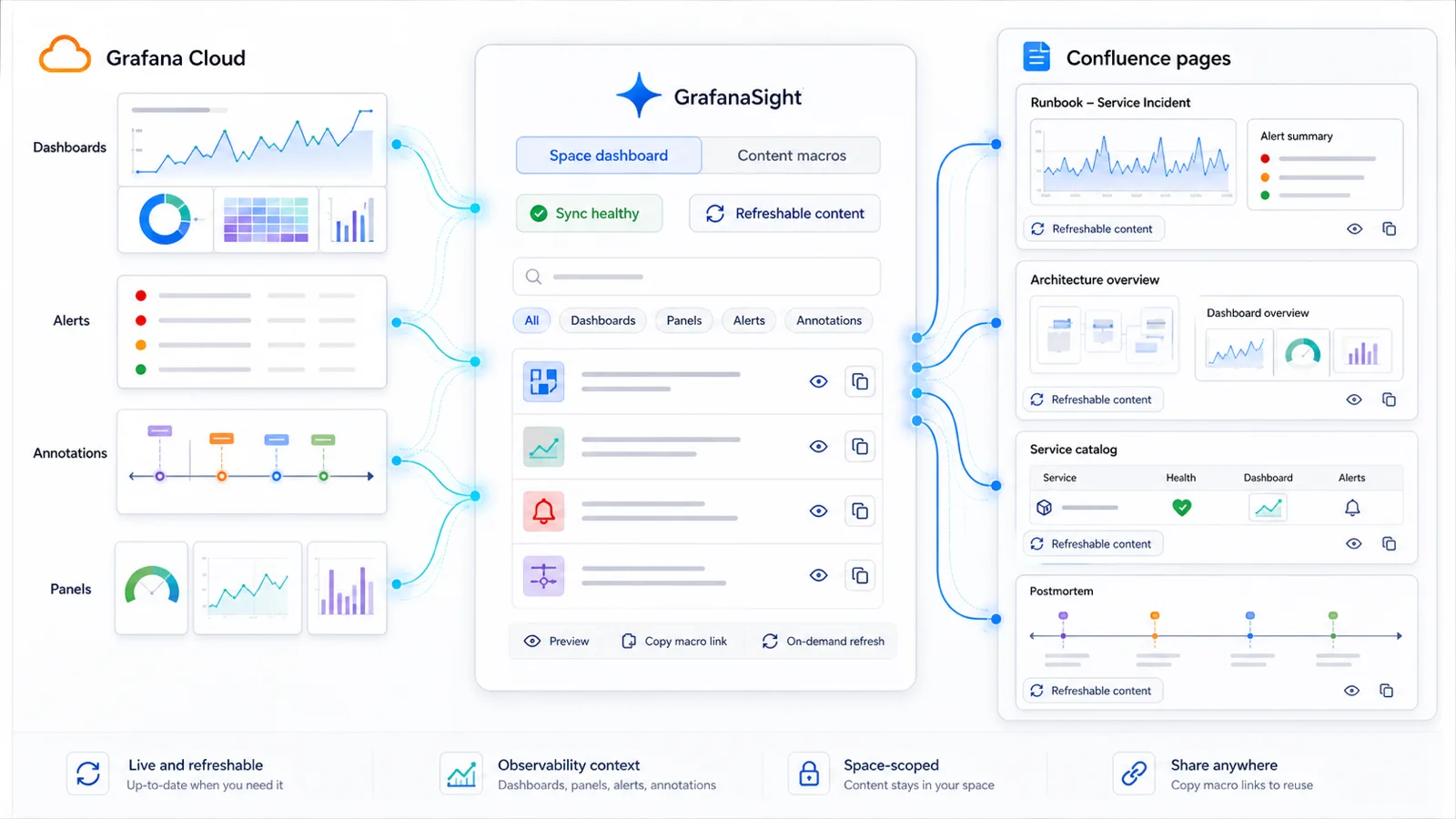 AI-generated GrafanaSight workflow visual showing Grafana Cloud dashboards, alerts, annotations, and panels flowing through GrafanaSight into refreshable Confluence pages