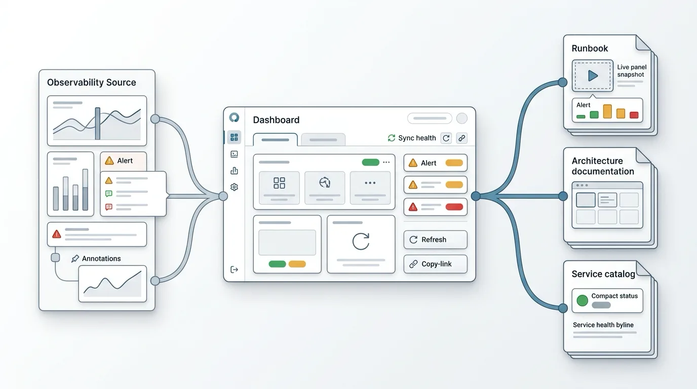 GrafanaSight workflow showing observability source data flowing into the Space Dashboard and then into Confluence runbooks, architecture documentation, and service catalog pages