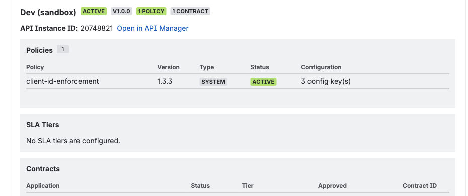 MuleSight API security posture modal showing applied policies, SLA tiers, and contract details across MuleSoft environments
