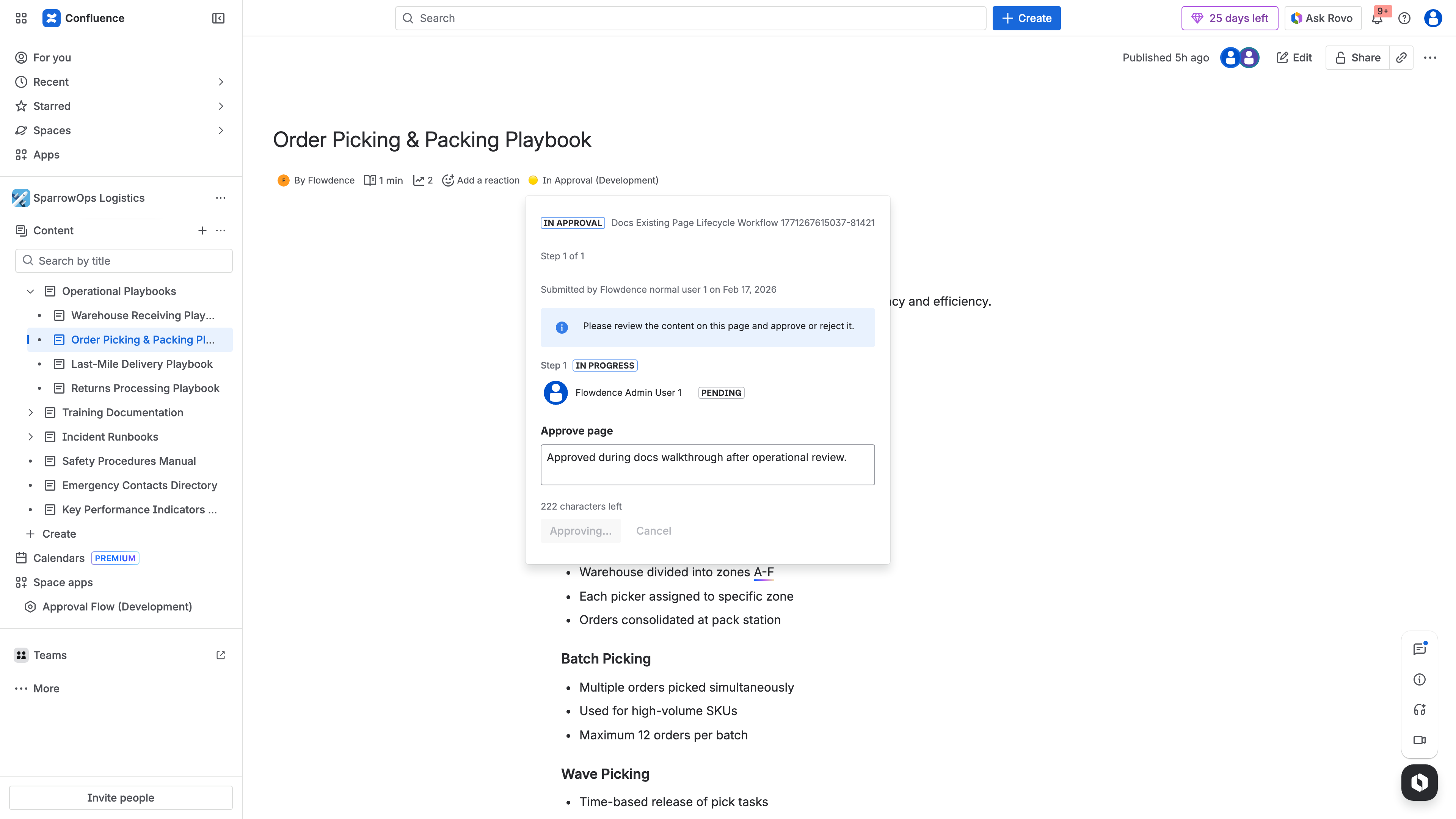 Confluence page showing ApprovalFlow Approved status in the byline with approver name and version number